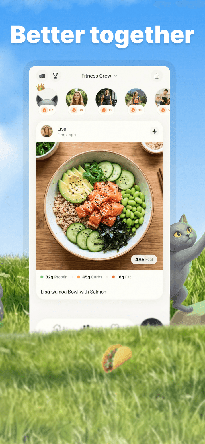 Kairo group feed with shared meals and emoji reactions
