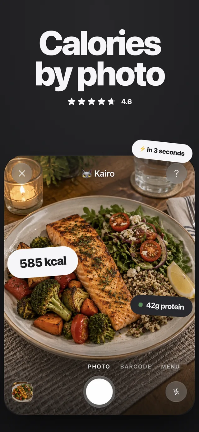 Kairo camera card recognizing a salmon plate with 585 kcal and 42 g protein