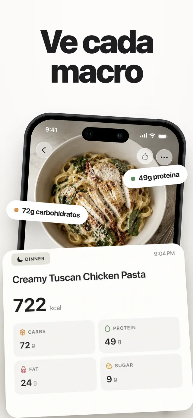 Detalle de comida de Kairo: pasta con 722 kcal y todos los macronutrientes