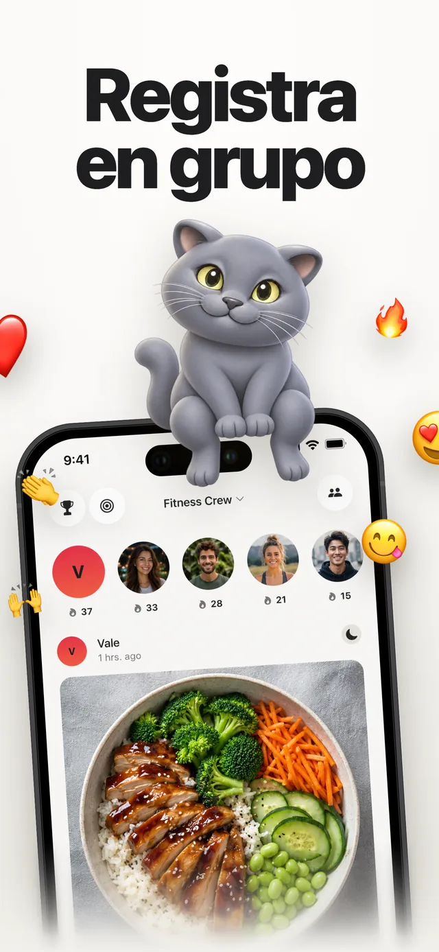 Feed de grupo de Kairo con comidas compartidas y reacciones con emojis