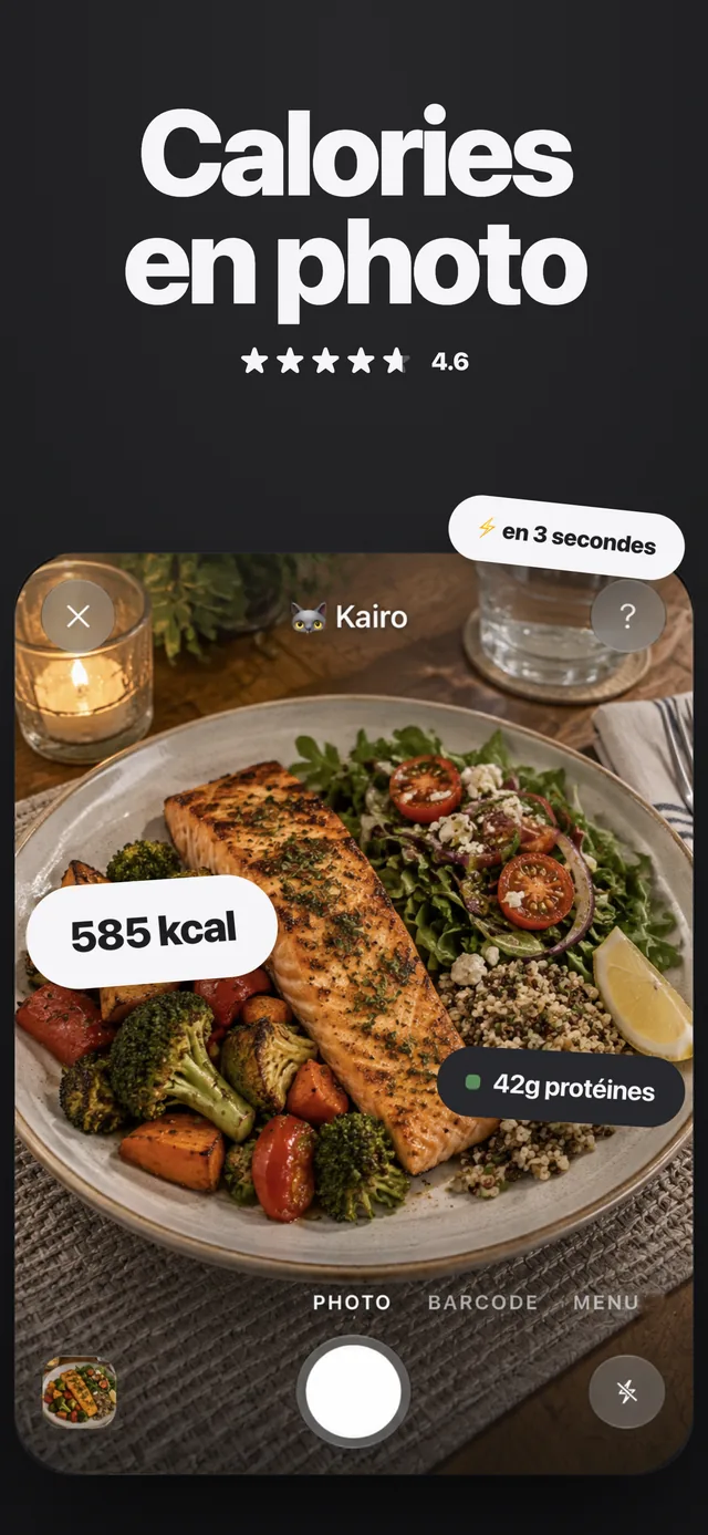 Carte caméra de Kairo reconnaissant une assiette de saumon de 585 kcal et 42 g de protéines