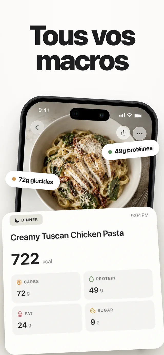 Détail de repas Kairo : des pâtes à 722 kcal avec tous les macronutriments