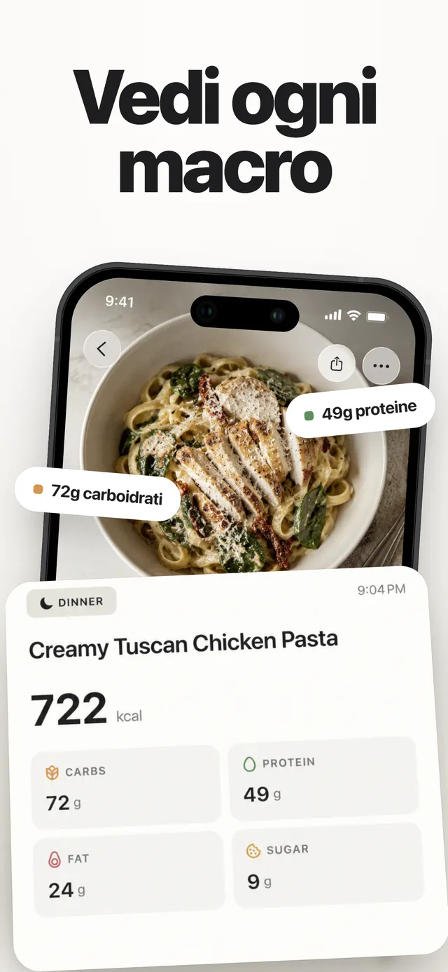 Dettaglio pasto di Kairo: pasta da 722 kcal con tutti i macronutrienti