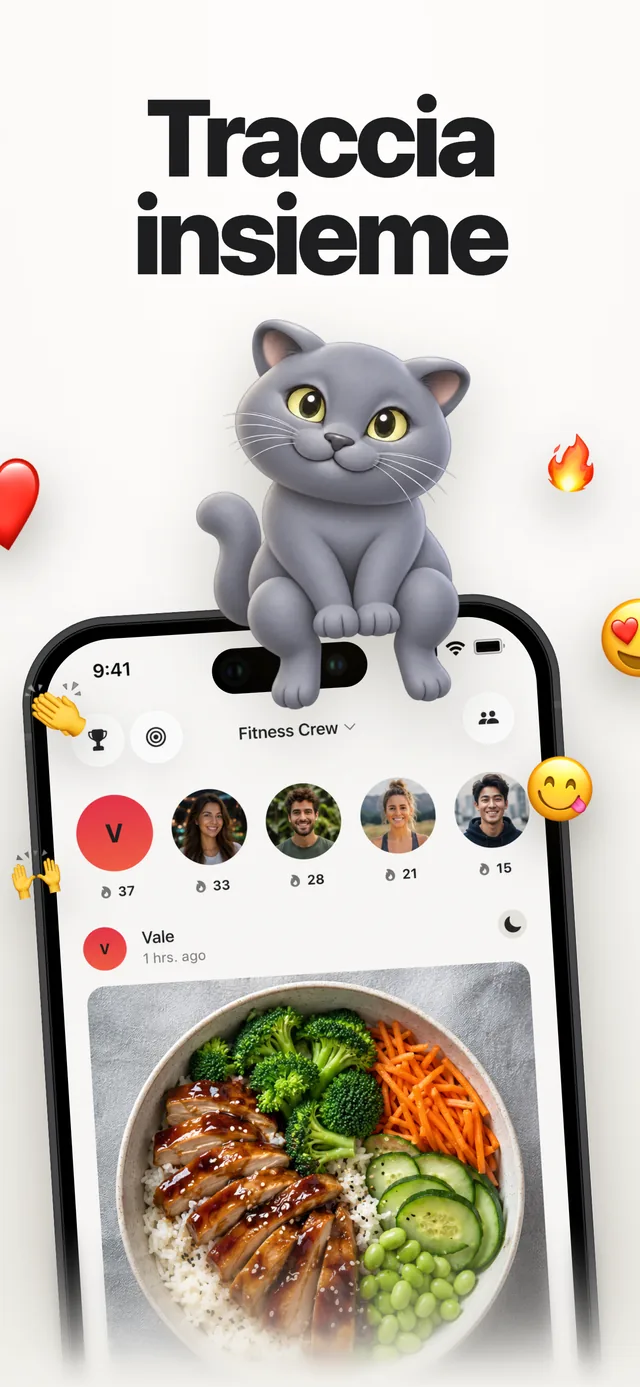 Feed di gruppo di Kairo con pasti condivisi e reazioni emoji