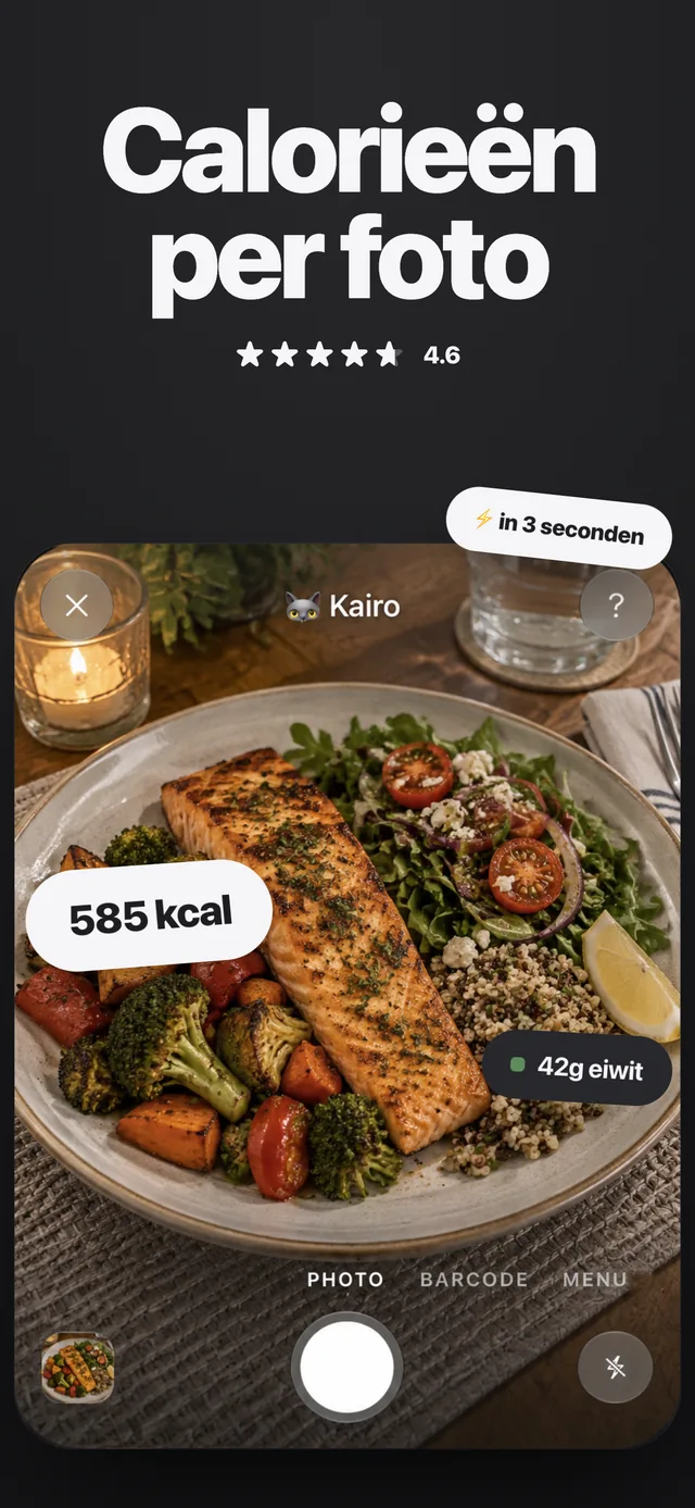 Kairo-camerakaart herkent een zalmbord met 585 kcal en 42 g eiwit