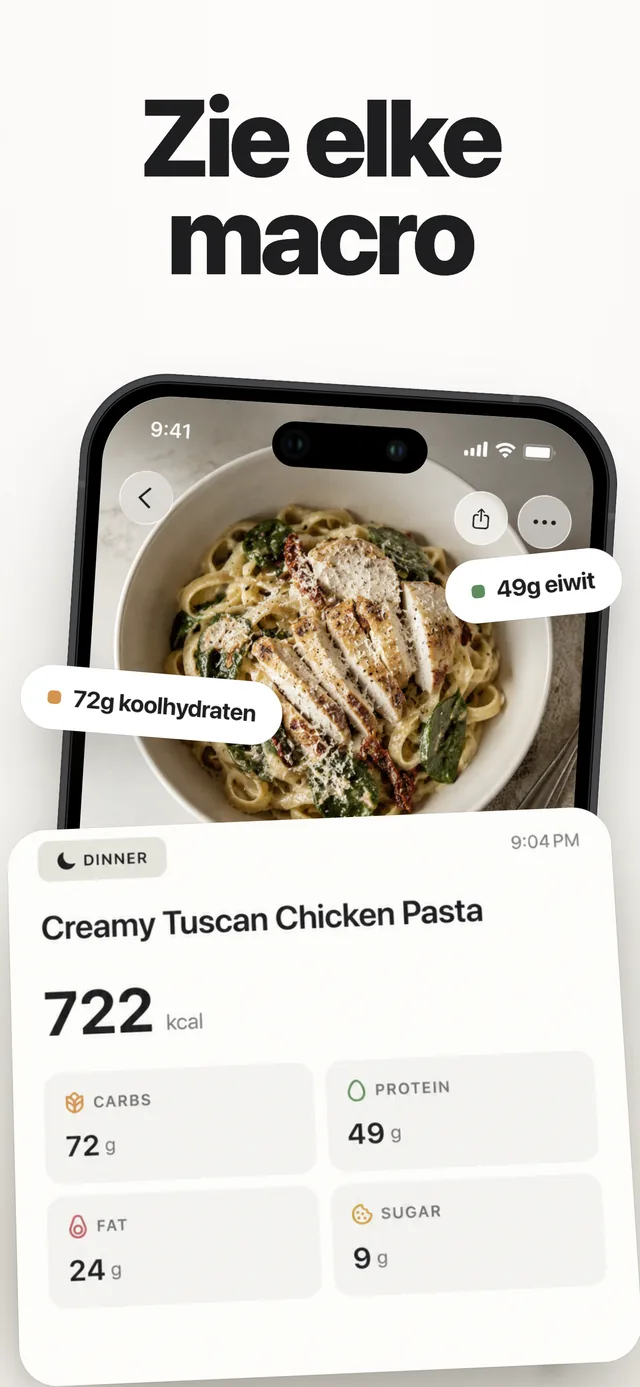 Kairo-maaltijddetail van pasta met 722 kcal en alle macronutriënten