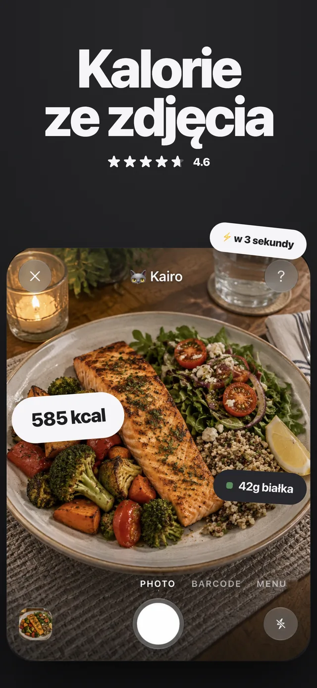 Karta aparatu Kairo rozpoznaje talerz z łososiem: 585 kcal i 42 g białka