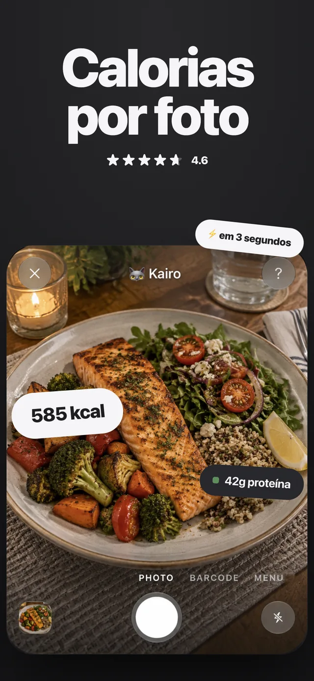 Cartão da câmera do Kairo reconhece um prato de salmão com 585 kcal e 42 g de proteína