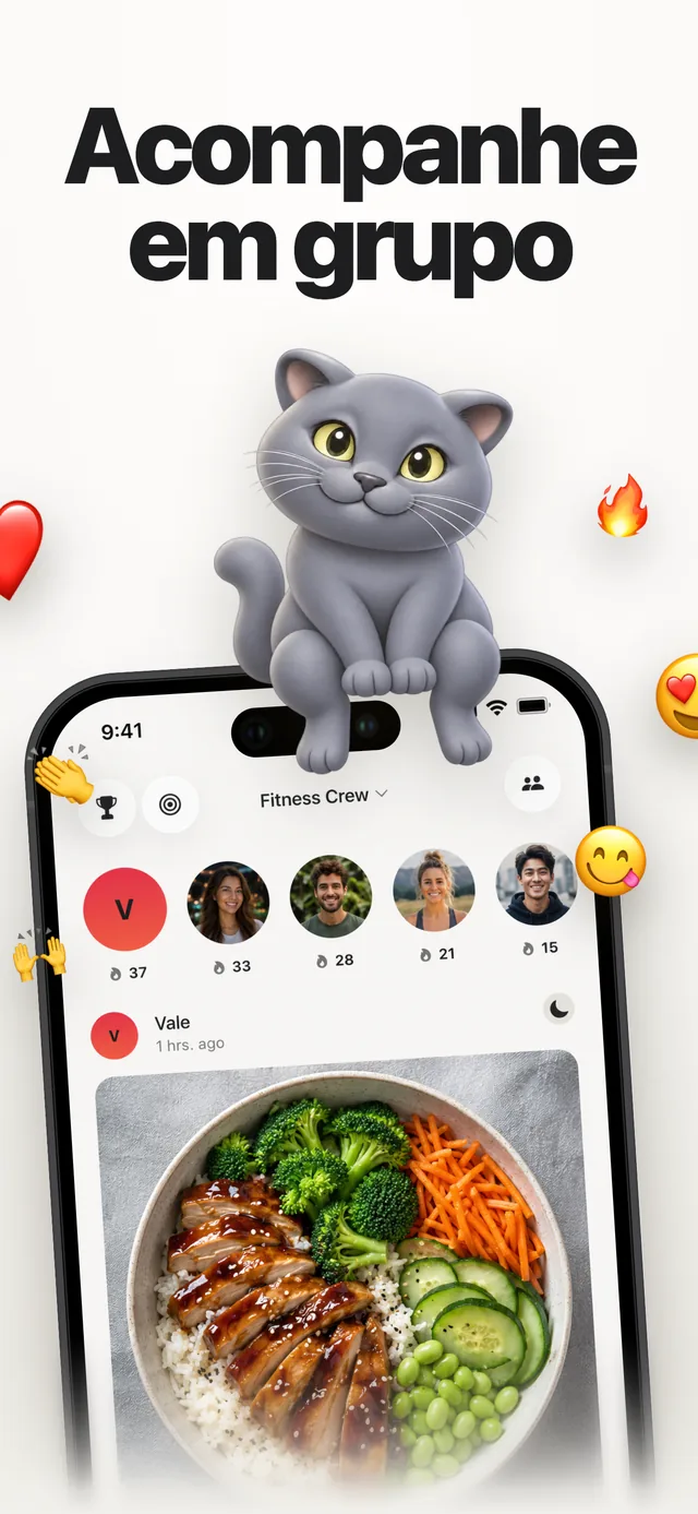 Feed do grupo no Kairo com refeições compartilhadas e reações com emoji